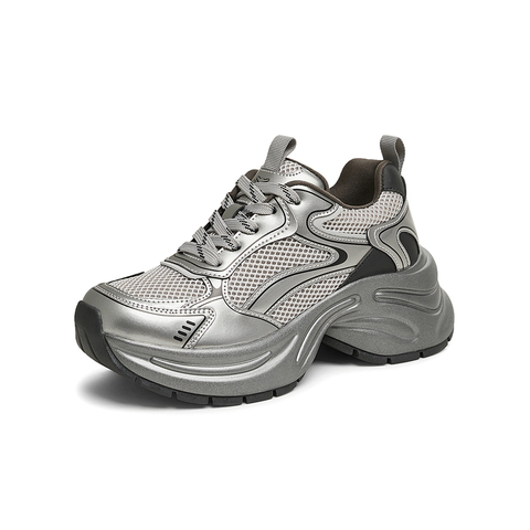 百思图2024春季新款时尚户外运动银色老爹鞋厚底女休闲鞋D5198AM5