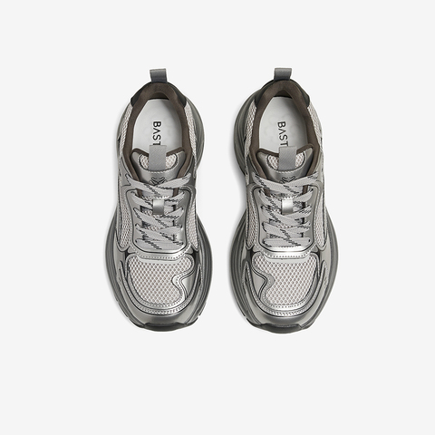 百思图2024春季新款时尚户外运动银色老爹鞋厚底女休闲鞋D5198AM5