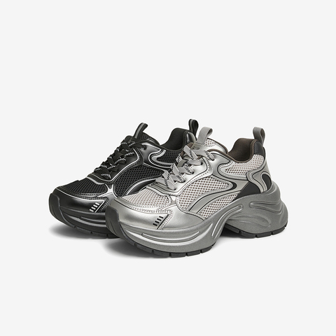 百思图2024春季新款时尚户外运动银色老爹鞋厚底女休闲鞋D5198AM5