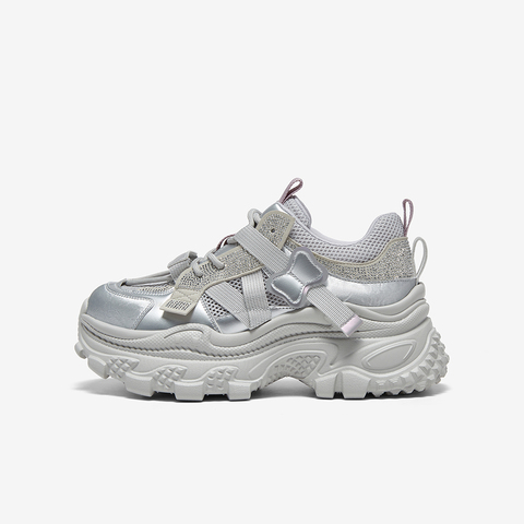 百思图2025夏季新款户外街头运动银色老爹鞋厚底女休闲鞋B2191BM5