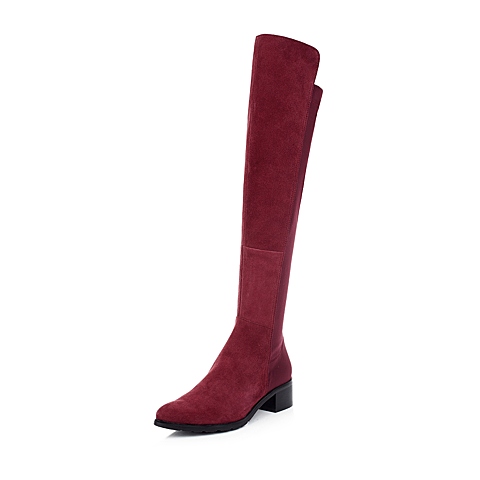 Bata/拔佳冬 深红羊绒/红紫弹力布女中跟特长靴AF290DC4