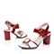 BATA/拔佳夏季红色漆牛皮14001BL4复古粗跟几何撞色搭扣摩登女凉鞋 都市白领