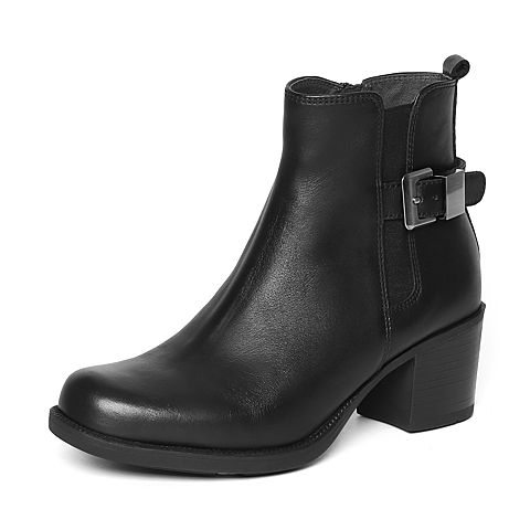 Bata/拔佳冬季专柜同款黑色简约粗跟牛皮女皮靴短靴(软)AT341DD6