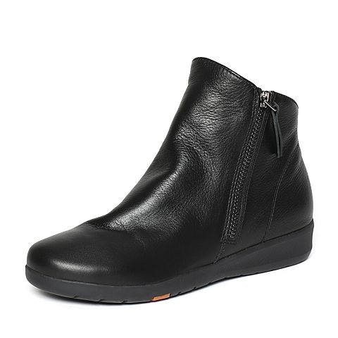 Bata/拔佳冬季专柜同款黑色简约平跟牛皮女休闲短靴(软)AV542DD6
