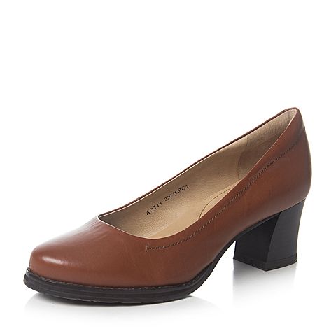 Bata/拔佳专柜同款棕色简约优雅粗跟胎牛皮女单鞋AQ714CQ6