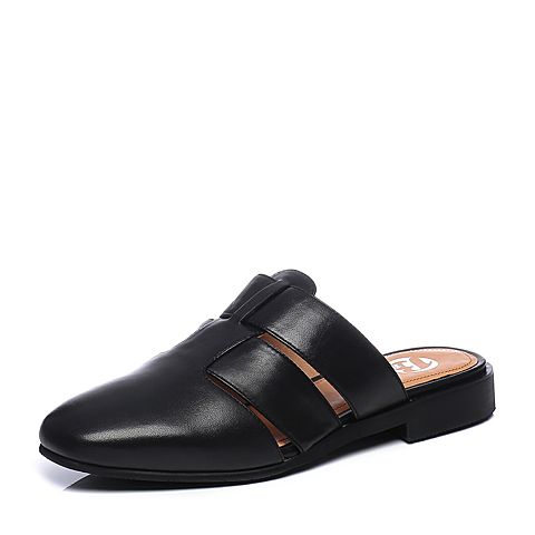 Bata/拔佳夏季专柜同款黑色圆头方跟牛皮女凉拖鞋穆勒鞋AU701BT7