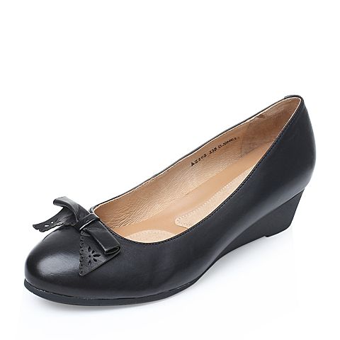 Bata/拔佳秋季专柜同款黑色蝴蝶结胎牛皮女单鞋(软)AZ802CQ7