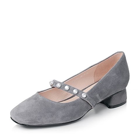 Bata/拔佳秋季灰色时尚珍珠方头羊绒皮女玛丽珍鞋633-2CQ7