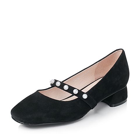 Bata/拔佳秋季黑色时尚珍珠方头羊绒皮女玛丽珍鞋633-2CQ7