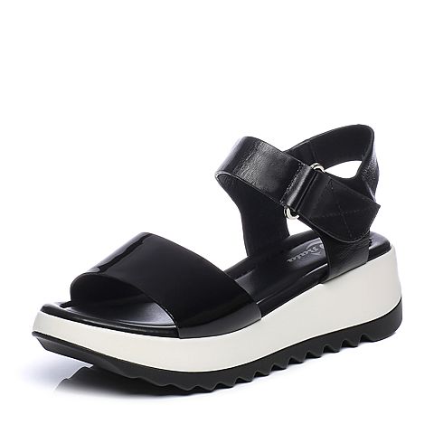 Bata/拔佳夏季专柜同款黑色舒适休闲坡跟牛皮女凉鞋162-2BL7
