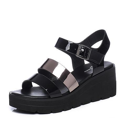 Bata/拔佳夏季专柜同款黑色舒适坡跟漆皮牛皮女凉鞋088-5BL7