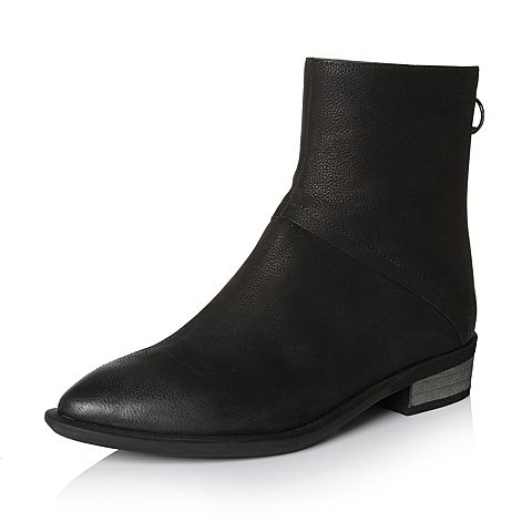Bata/拔佳冬专柜同款黑色优雅尖头粗跟牛皮女短靴ABV42DD7