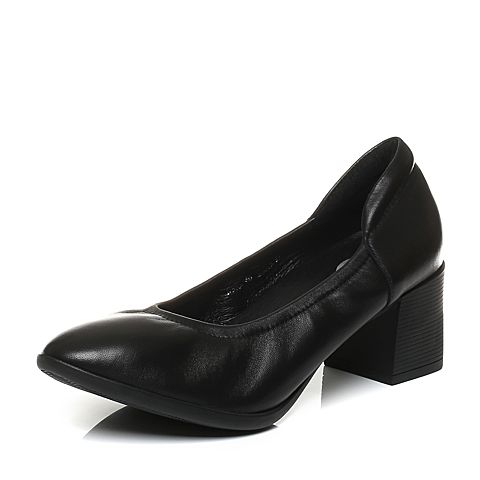 Bata/拔佳秋专柜同款黑色粗跟圆头羊皮奶奶鞋女单鞋106-3CQ7