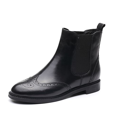 Bata/拔佳冬专柜同款黑色圆头方跟英伦风牛皮切尔西女短靴118-2DD7