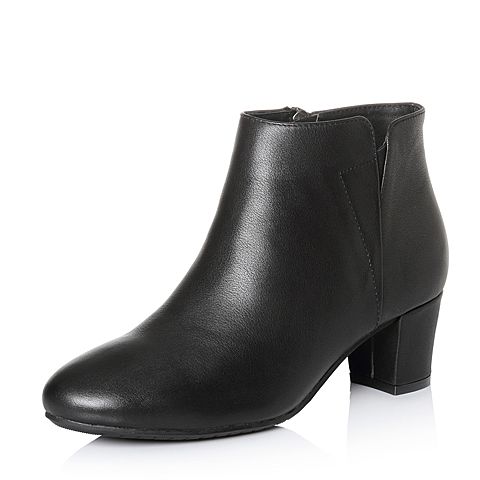 Bata/拔佳冬专柜同款黑色圆头粗跟牛皮及踝靴女短靴-301ADD7