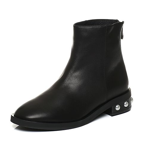 Bata/拔佳冬黑色圆头方跟时尚珍珠牛皮女短靴716-3DD7