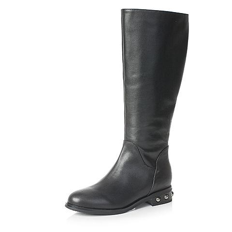 Bata/拔佳冬黑色圆头方跟时尚珍珠牛皮及膝靴女长靴718-2DG7