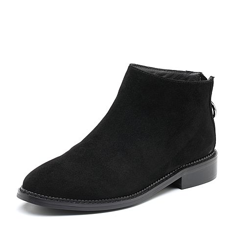 Bata/拔佳冬专柜同款黑色绒里圆头方跟羊绒皮及踝靴女短靴828-1DD7