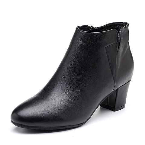 Bata/拔佳冬专柜同款黑色绒里圆头粗跟牛皮及踝靴女短靴-301ADD7