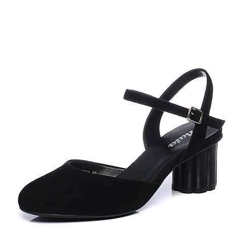 Bata/拔佳2018夏新专柜同款黑色花型跟羊绒皮革女凉鞋873-1BK8
