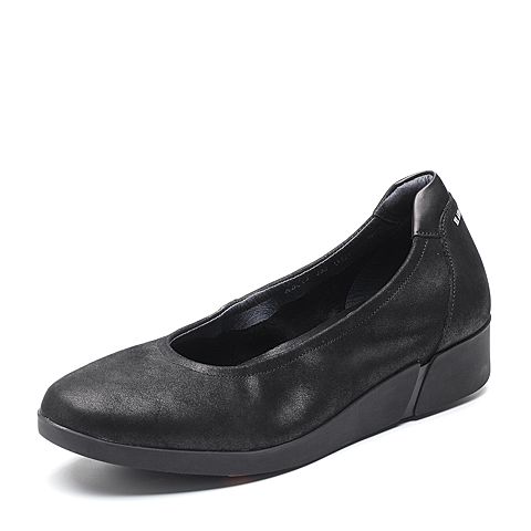 Bata/拔佳2018秋新专柜同款黑色舒适坡跟牛皮革奶奶鞋女单鞋ABC03CQ8