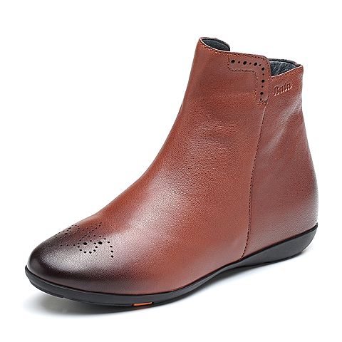 Bata/拔佳2018冬新款专柜同款棕色绵羊皮革平底女皮靴短靴AM846DD8