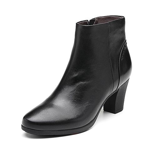 Bata拔佳冬新款专柜同款黑色粗高跟通勤绵羊皮革女短靴ABA46DD8
