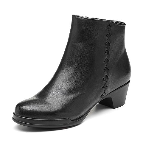 Bata拔佳冬新款专柜同款黑色菱格中粗跟羊皮革女短靴AV470DD8