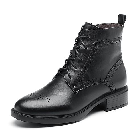 Bata/拔佳2018冬新款专柜同款黑色小牛皮革雕花女马丁靴AFN45DD8