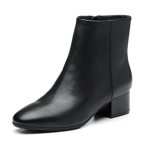 Bata/拔佳2018冬新款专柜同款黑色牛皮革通勤女靴短靴XBQ05DD8