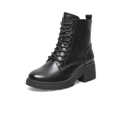 Bata八孔马丁靴女2021冬季商场新款英伦真牛皮粗跟短筒靴L6796DD1