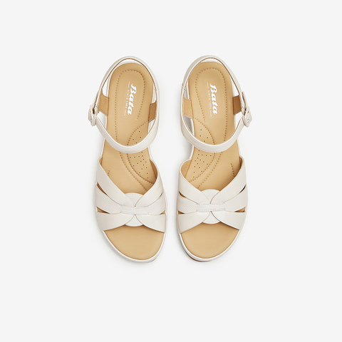 Bata一字带凉鞋女2024夏商场新款羊皮坡跟通勤优雅凉鞋AHY16BL4