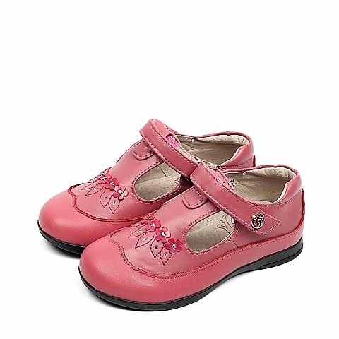 BELLE/百丽童鞋秋季粉色头层牛皮/粉色超纤PU浅口鞋  91008