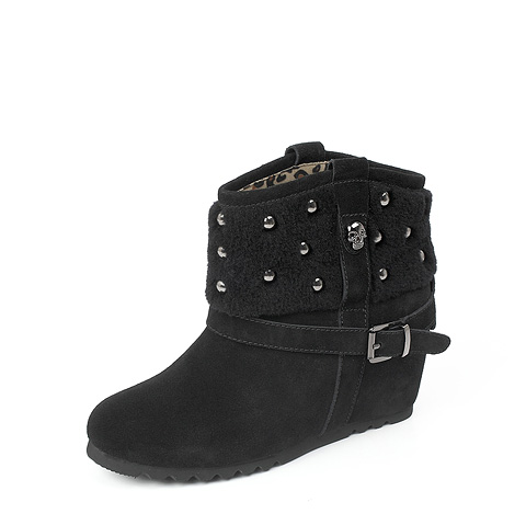 BELLE/百丽 及踝靴冬季黑色牛猄女低靴（绒里） 009-8DD2