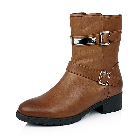 BELLE/百丽棕色牛皮女低靴（绒里）冬季BCV43DD4