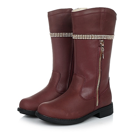 BELLE/百丽童鞋专柜同款冬季牛皮深红女小童童靴时装靴91856