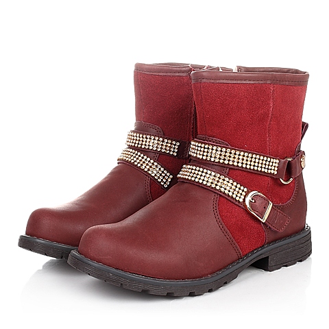 BELLE/百丽童鞋专柜同款冬季牛皮深红女中童童靴时装靴91862
