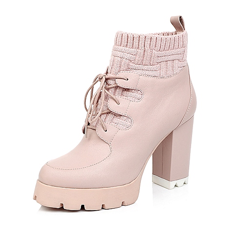 Belle/百丽粉红色牛皮/粉色毛线79A-1DD4女低靴冬季