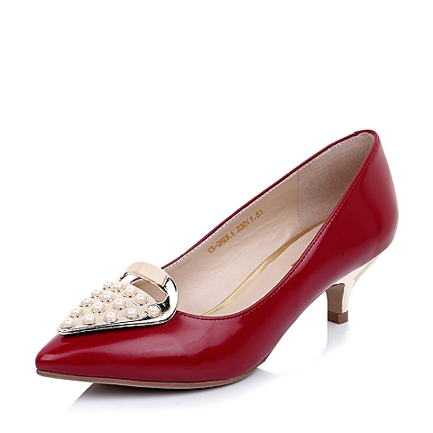 Belle/百丽年春季红色牛皮金属装饰浅口女单鞋13-26AQ5