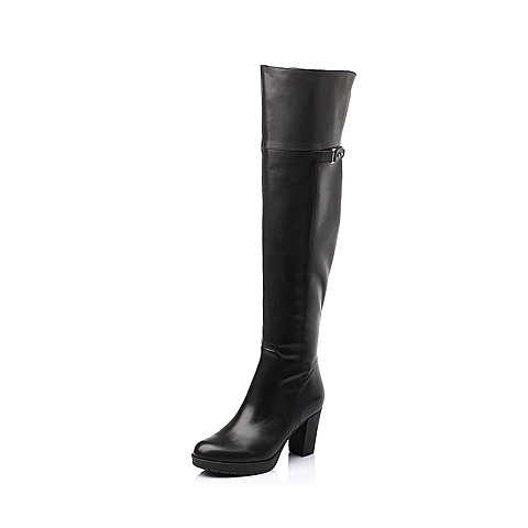 BELLE/百丽年冬季黑色时尚牛皮革女靴BDP82DC5