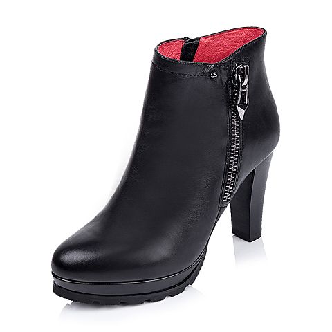 BELLE/百丽冬专柜同款黑小牛皮优雅摩登女短靴3PQW6DD5