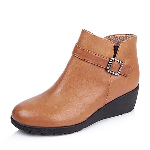 BELLE/百丽冬专柜同款棕牛皮革女短靴3X350DD5