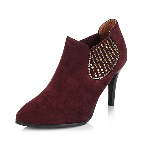 BELLE/百丽冬专柜同款深紫红优雅女人羊绒皮革女单鞋P7J1DDM5