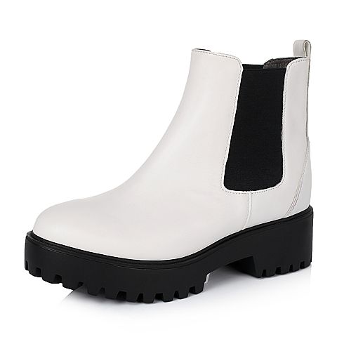 BELLE/百丽冬专柜同款白牛皮时尚切尔西靴女中靴BJE42DD5