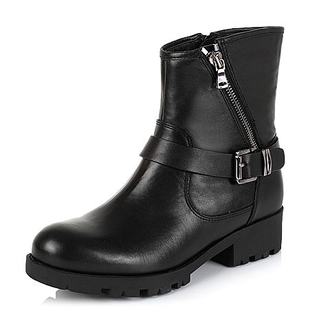 BELLE/百丽冬专柜同款黑牛皮休闲女中靴(绒里）BEXA8DZ5
