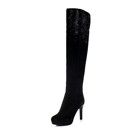 BELLE/百丽冬专柜同款黑羊绒皮优雅女人女皮靴3PQ96DC5