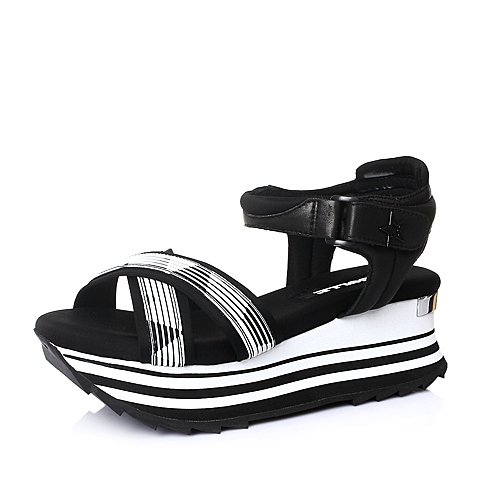 BELLE/百丽夏专柜同款黑白/黑色织物运动风女凉鞋BHEA3BL6