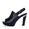 BELLE/百丽夏专柜同款黑牛皮时尚防水台摩登粗跟女凉鞋BFE35BL6