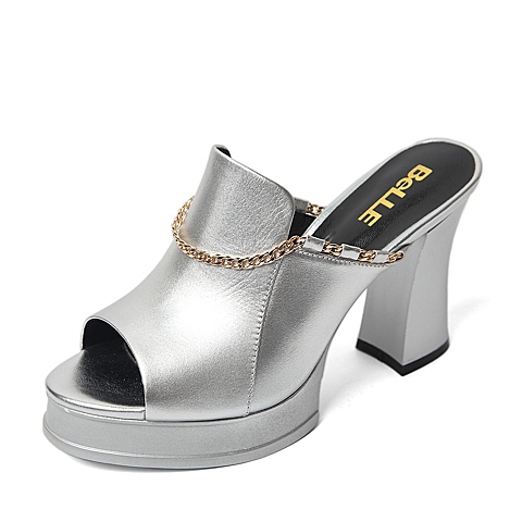 BELLE/百丽夏季专柜同款银色金属牛皮女凉鞋Q4V1DBT6