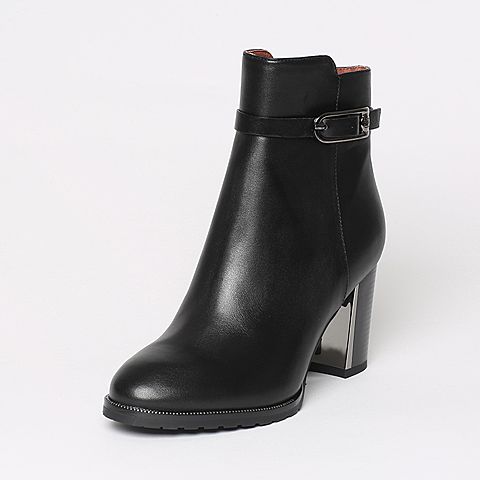 BELLE/百丽冬季专柜同款黑油皮牛皮女短靴BMG42DD6